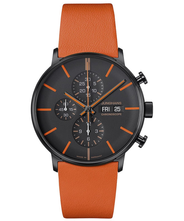 JUNGHANSJunghans FORM A Chronoscope 027/4370.01 Men's Watch - 42mm Black Dial, Orange Leather StrapWATCHESEcecile