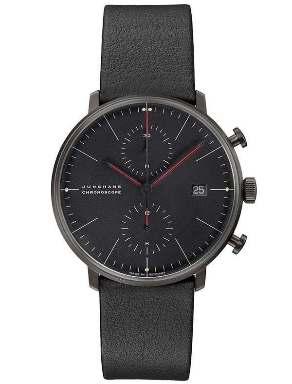 JUNGHANSJunghans Max Bill Chronoscope Bauhaus Men's Watch 027/4409.02 – 40mm Black PVD - Coated Stainless Steel Case, Black Dial, Black Leather StrapWATCHESEcecile