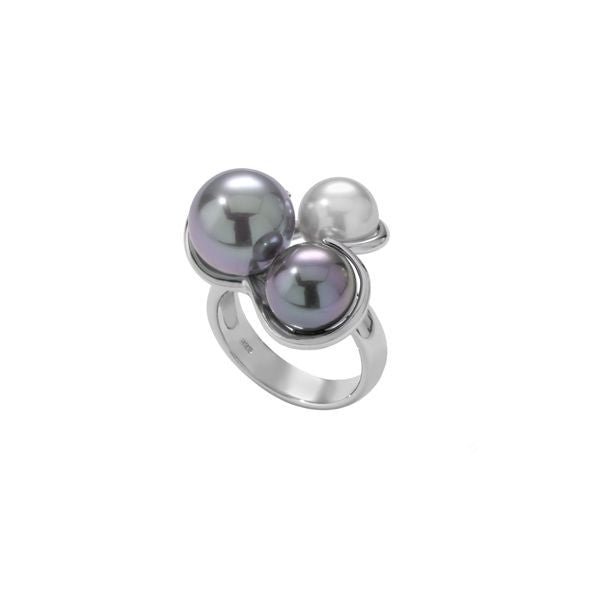 MAJORICAMajorica 12198.18.2.913.010.1 Women's Ring – Rhodium - Plated Silver, 9–12mm White & Grey Pearls, Triple Cluster Design, Size 18BIJOUXEcecile