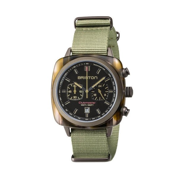 BRISTON: Briston Clubmaster Sport Chronograph 42mm Black Dial Khaki NATO Strap Watch 18142 - PKAM - TJS - 19 - NJWATCHESEcecile
