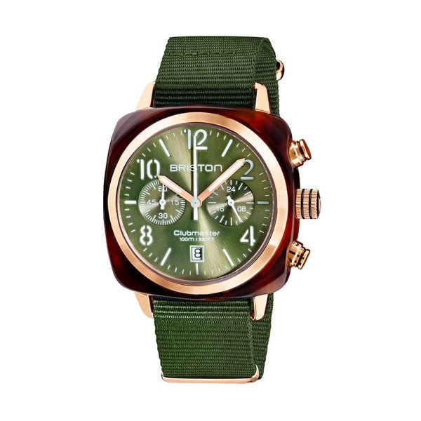 BRISTONBriston Clubmaster Classic Chronograph 40mm Rose Gold Green Dial Green NATO Strap 19140.PRA.T.26.NOLWATCHESEcecile