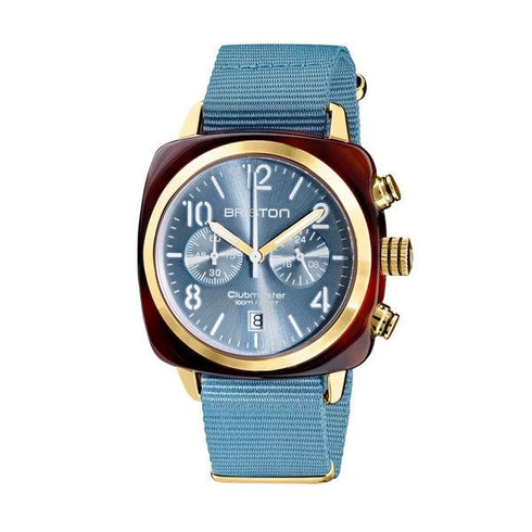 BRISTONBriston Clubmaster Classic Chronograph 40mm Gold Acetate Blue Dial Blue NATO Strap 19140.PYA.T.25.NIBWATCHESEcecile