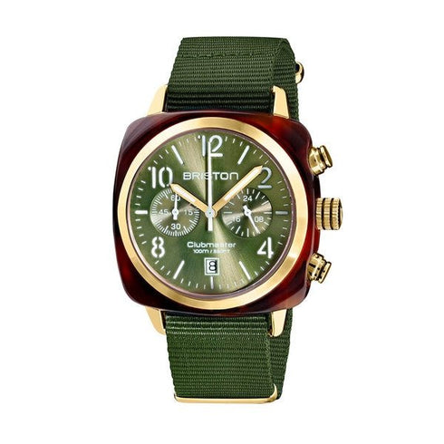 BRISTONBriston Clubmaster Classic Chronograph 40mm Gold Acetate Green Dial Green NATO Strap 19140.PYA.T.26.NOLWATCHESEcecile