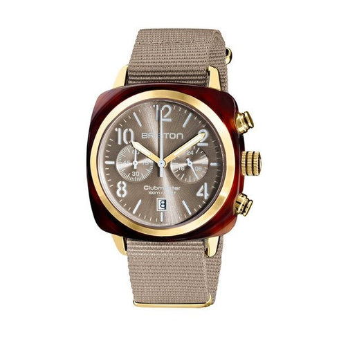 BRISTONBriston Clubmaster Classic Chronograph 40mm Gold Acetate Grey Dial Grey NATO Strap 19140.PYA.T.30.NTWATCHESEcecile