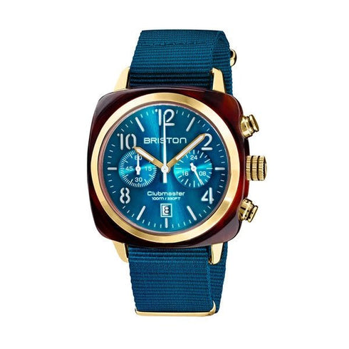 BRISTONBriston Clubmaster Classic Chronograph 40mm Gold Acetate Blue Dial Blue NATO Strap 19140.PYA.T.31.NBDWATCHESEcecile