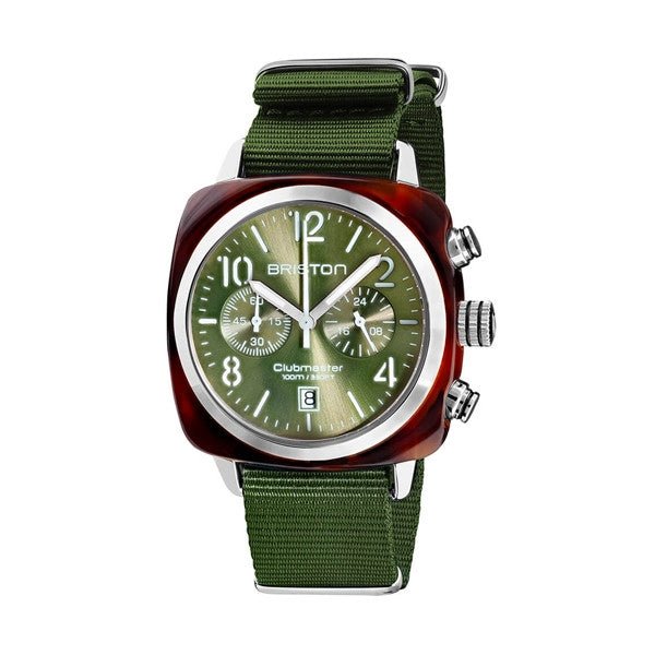 BRISTONBriston Clubmaster Classic Chronograph 40mm Gold Acetate Olive Green Dial Olive Green NATO Strap 19140.SA.T.26.NOLWATCHESEcecile