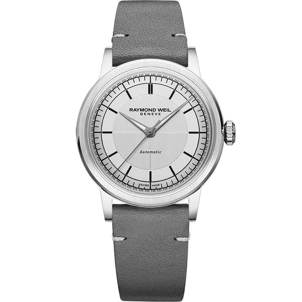 RAYMOND WEILRaymond Weil Millesime 35mm Automatic Watch - Silver Dial, Grey Leather StrapWATCHESEcecile