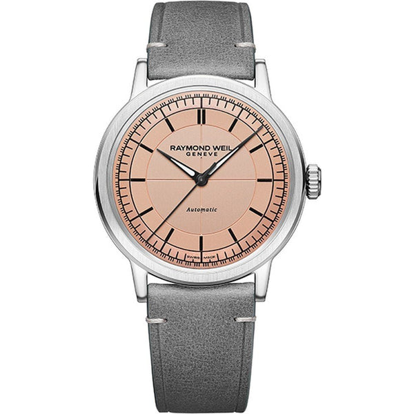 RAYMOND WEILRaymond Weil Millesime 39.5mm Automatic Watch - Salmon Dial, Grey Leather StrapWATCHESEcecile