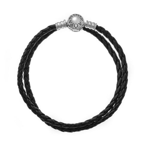 PANDORAPandora 590745CBK - D1 Double Black Leather Bracelet – Sterling Silver Clasp, 35cmBIJOUXEcecile