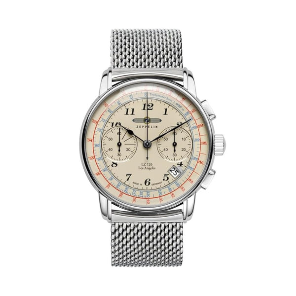 ZEPPELINZeppelin LZ126 Los Angeles Chronograph 7614M - 5 Men's Watch – Beige Dial, Stainless Steel Mesh BraceletWATCHESEcecile
