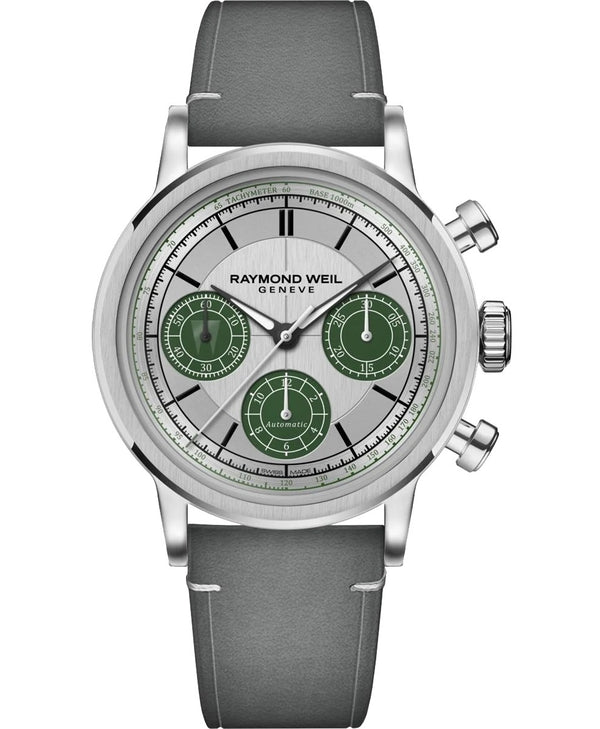 RAYMOND WEILRaymond Weil Millesime 39.5mm Automatic Chronograph - Silver Dial, Grey Leather StrapWATCHESEcecile