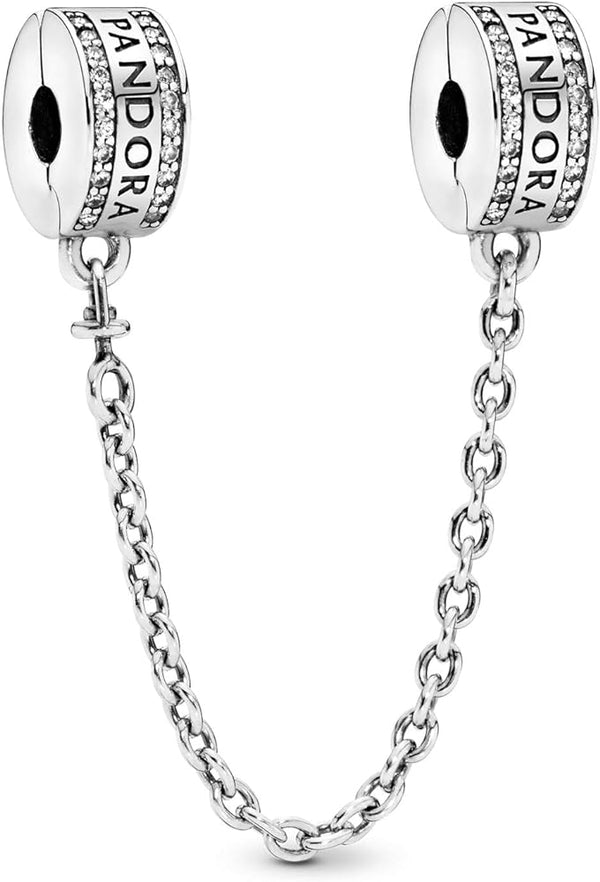 PANDORAPandora 792057CZ - 05 Logo Safety Chain Clip Charm – Sterling Silver, Clear CZ, 5cmBIJOUXEcecile