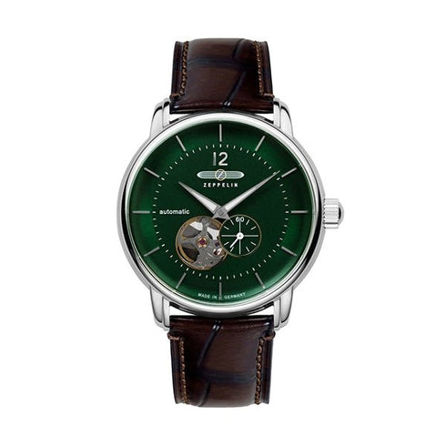 ZEPPELINZeppelin 8166 - 4 LZ120 Bodensee Men's Automatic Watch – Green Dial, Open Heart Design, Brown Leather StrapWATCHESEcecile