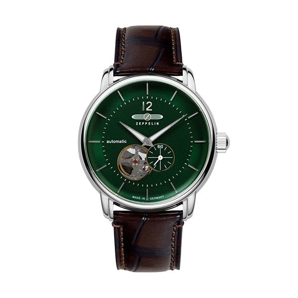 ZEPPELINZeppelin 8166 - 4 LZ120 Bodensee Men's Automatic Watch – Green Dial, Open Heart Design, Brown Leather StrapWATCHESEcecile