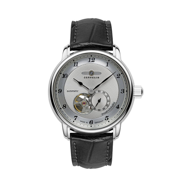 ZEPPELINZeppelin Friedrichshafen Automatic Open Heart 8566 - 4 Men's Watch - Silver Dial, Black Leather StrapWATCHESEcecile
