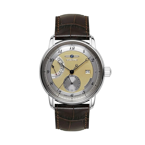 ZEPPELINZeppelin 8590 - 5 Friedrichshafen Automatic Men's Watch – Silver Case, Gold Dial, Brown Leather StrapWATCHESEcecile
