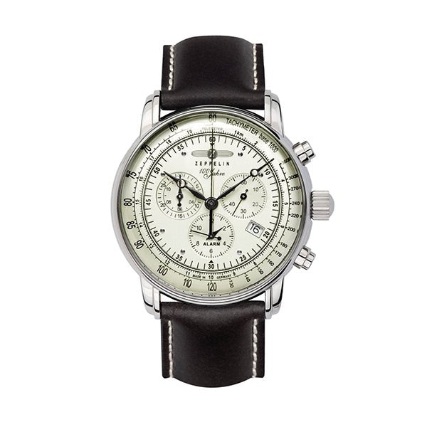 ZEPPELINZeppelin 100 Jahre 8680 - 3 Men's Alarm Chronograph – Ivory Dial, Black Leather StrapWATCHESEcecile