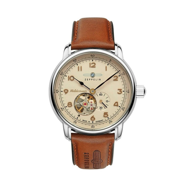ZEPPELINZeppelin Méditerranée 9666 - 5 Men's Automatic Watch – Beige Dial, Open Heart Design, Brown Leather StrapWATCHESEcecile