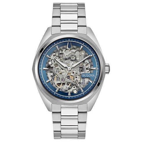 BULOVABulova Surveyor 96A292 Men's 41mm Skeleton Dial Automatic Watch - Blue Dial, SS BraceletWATCHESEcecile