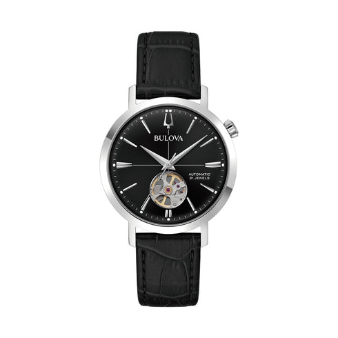 BULOVABulova 96A317 Men's Aerojet Automatic Watch - Stainless Steel Case, Black Leather StrapWATCHESEcecile