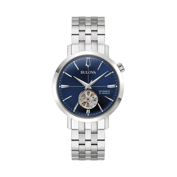 BULOVABulova Aerojet 96A320 Men's Automatic Watch - 38mm Stainless Steel Case, Blue Dial, Open Heart DesignWATCHESEcecile