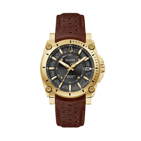 BULOVABulova 97B216 Icon Precisionist Men's Watch – Gold - Tone, Black Dial, Brown LeatherWATCHESEcecile