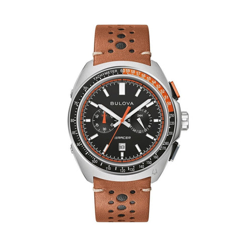 BULOVABulova 98B427 Men's Racer Chronograph Watch - Silver - Tone Case, Black Dial, Brown Leather StrapWATCHESEcecile