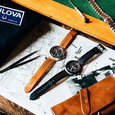 BULOVABulova 98B427 Men's Racer Chronograph Watch - Silver - Tone Case, Black Dial, Brown Leather StrapWATCHESEcecile