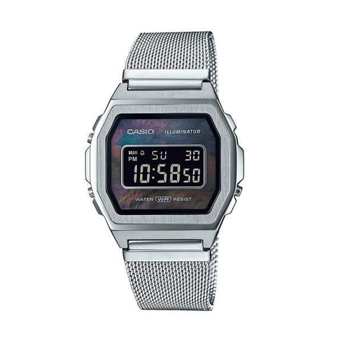 CASIO & VINTAGECasio A1000M - 1BEF Vintage Iconic Unisex Watch – Mother of Pearl Dial, Stainless Steel Mesh Band, LED Backlight, 3 ATM Water ResistantWATCHESEcecile