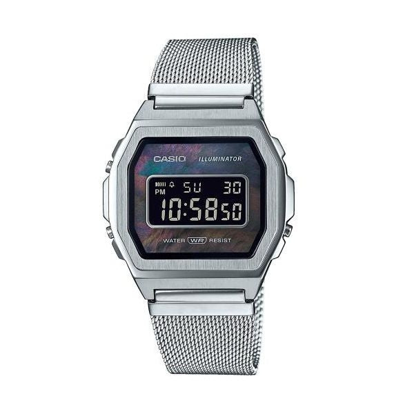 CASIO & VINTAGECasio A1000M - 1BEF Vintage Iconic Unisex Watch – Mother of Pearl Dial, Stainless Steel Mesh Band, LED Backlight, 3 ATM Water ResistantWATCHESEcecile