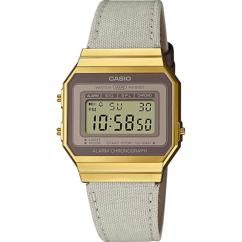 CASIO & VINTAGECasio A700WEGL - 7AEF Unisex Digital Watch - Gold - Tone Case with Beige Cloth StrapWATCHESEcecile