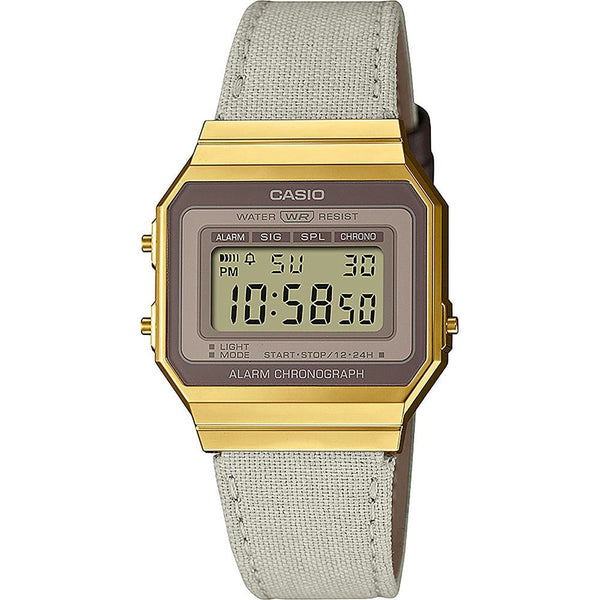 CASIO & VINTAGECasio A700WEGL - 7AEF Unisex Digital Watch - Gold - Tone Case with Beige Cloth StrapWATCHESEcecile