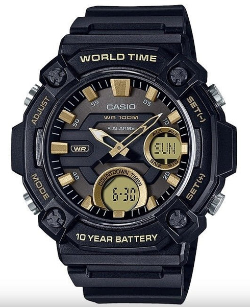 CASIO & VINTAGECasio AEQ - 120W - 9AVDF Men's Analog - Digital Watch – Black Resin Band, Gold DialWATCHESEcecile