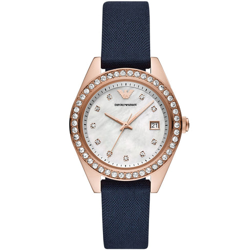 EMPORIO ARMANIEmporio Armani AR11448 Women's Rose Gold Watch - Blue Strap, Date DisplayWATCHESEcecile