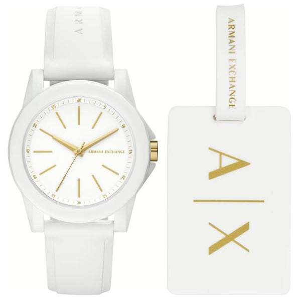 A|X ARMANI EXCHANGEArmani Exchange AX7126 Women's Quartz Watch Set - White Silicone Strap, Luggage Tag IncludedWATCHESEcecile
