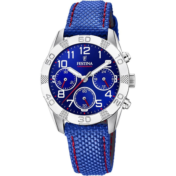 FESTINAFestina F20346/2 Junior Chronograph Watch – Blue Dial, Nylon Strap, 36mmWATCHESEcecile