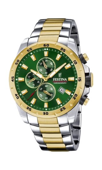 FESTINAFestina F20562/3 Chrono Sport Men's Watch – Green Dial, Two - Tone Steel, 45mmWATCHESEcecile