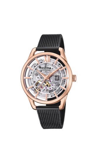 FESTINAFestina F20628/3 Women's Skeleton Automatic Watch – Rose Gold Case, Black Milanese StrapWATCHESEcecile