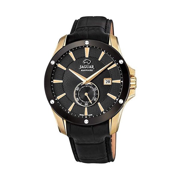 JAGUARJaguar Men's Swiss Quartz Watch - Model J881/1, Gold - Tone Stainless Steel Case, Black Dial, Leather StrapWATCHESEcecile