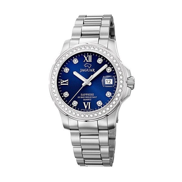 JAGUARJaguar Women's Swiss Quartz Watch - Model J892/3, Stainless Steel, Blue Dial, Crystal AccentsWATCHESEcecile