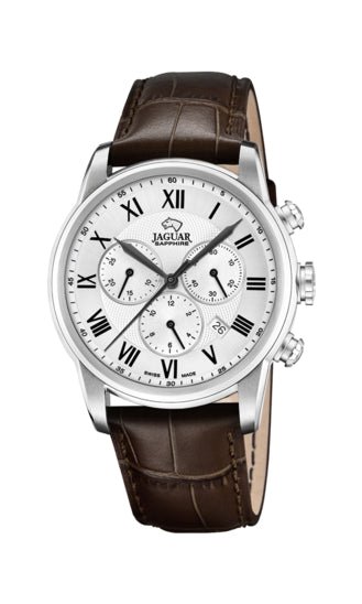 JAGUARJaguar Acamar J968/5 Men's Chronograph Watch – Stainless Steel Case, Silver Dial, Brown Leather StrapWATCHESEcecile