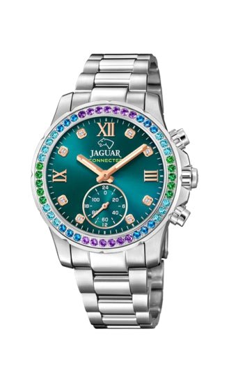 JAGUARJaguar Connected J980/6 Women's Hybrid Smartwatch – Stainless Steel, Green Dial with Multicolor Gemstone BezelWATCHESEcecile