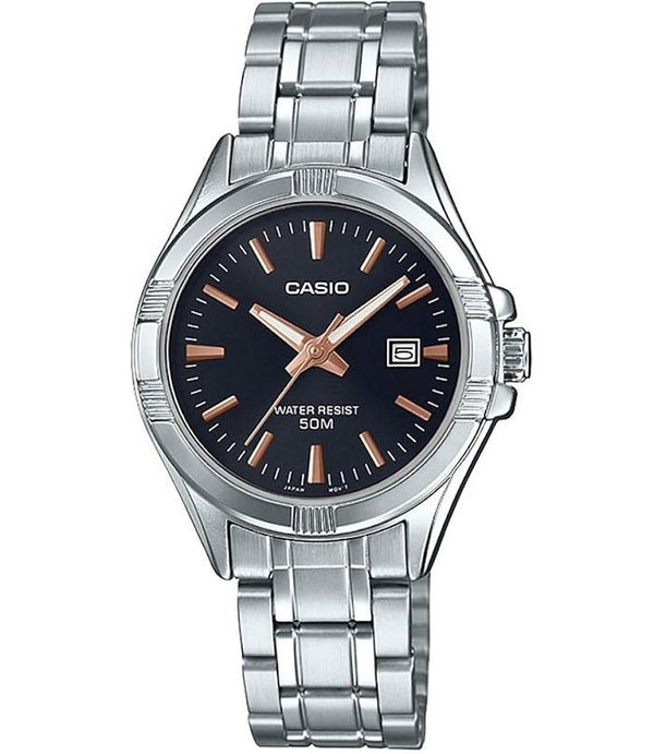 CASIO & VINTAGECasio LTP - 1308D - 1A2VDF Women's Analog Watch - Stainless Steel, Black Dial, Date DisplayWATCHESEcecile