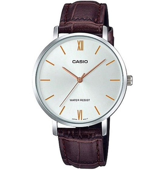 CASIO & VINTAGECasio LTP - VT01L - 7B2UDF Women's Analog Watch – Silver Dial with Brown Leather StrapWATCHESEcecile