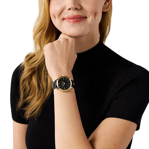 MICHAEL KORSMichael Kors MK7482 Women's Slim Runway Gold - Tone Watch with Black Leather StrapWATCHESEcecile