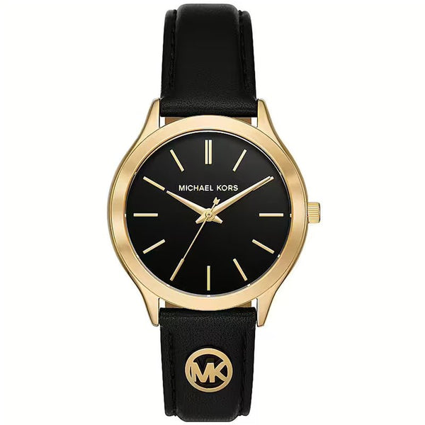 MICHAEL KORSMichael Kors MK7482 Women's Slim Runway Gold - Tone Watch with Black Leather StrapWATCHESEcecile