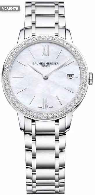 BAUME&MERCIERBaume & Mercier Classima MOA10478 Women's Quartz Watch - 31mm Stainless Steel Case, Mother - of - Pearl Dial with Diamond Bezel, Date Display, Stainless Steel BraceleWATCHESEcecile