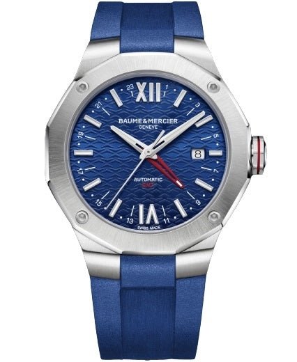 BAUME&MERCIERBaume & Mercier Riviera MOA10659 Men's Automatic GMT Watch - 42mm Stainless Steel Case, Blue Dial, Blue Rubber StrapWATCHESEcecile