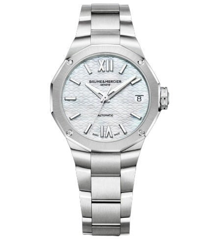 BAUME&MERCIERBaume & Mercier Riviera MOA10676 Women's Automatic Watch - 33mm Stainless Steel Case, White Mother - of - Pearl Dial, Diamond - Set Bezel, Steel BraceletWATCHESEcecile