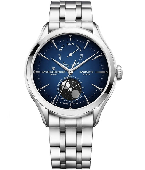 BAUME&MERCIERBaume & Mercier Clifton MOA10725 Men's Automatic Watch - 42mm Stainless Steel Case, Blue Lacquered Dial, Day - Date, Moon Phase, Stainless Steel BraceletWATCHESEcecile